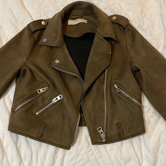 Olive green suede Zara Moto biker jacket - Picture 2 of 4